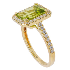 14K Yellow Gold Peridot Diamond Halo Ring, view 2