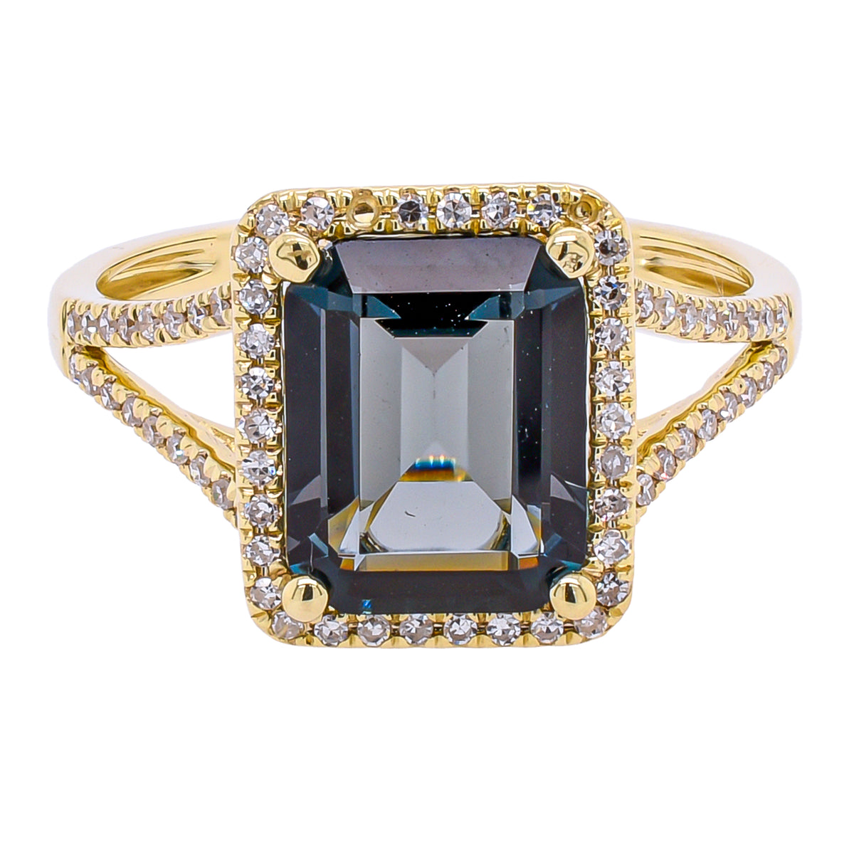14K Yellow Gold London Blue Topaz Emerald Cut Diamond Halo Split Shank Ring