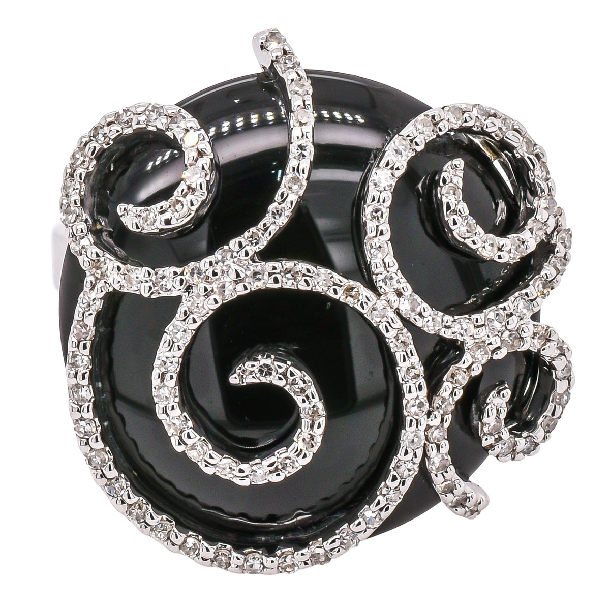 14K White Gold Black Onyx Diamond Cage Swirl Ring