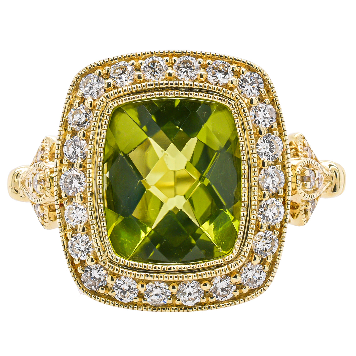 14K Yellow Gold Rectangle Peridot Bezel Set Diamond Halo Ring