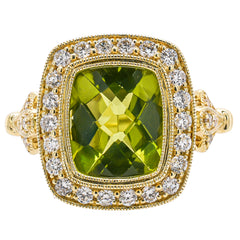 14K Yellow Gold Rectangle Peridot Bezel Set Diamond Halo Ring, view 1