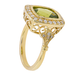 14K Yellow Gold Rectangle Peridot Bezel Set Diamond Halo Ring, view 2