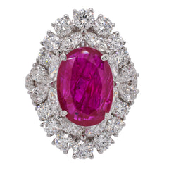 18K White Gold Oval Ruby Diamond Halo Cluster Ring, view 1