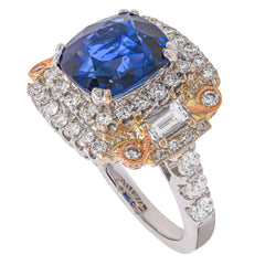 18K White and Yellow Gold Cushion Sri Lanka Sapphire Diamond Ring, view 2