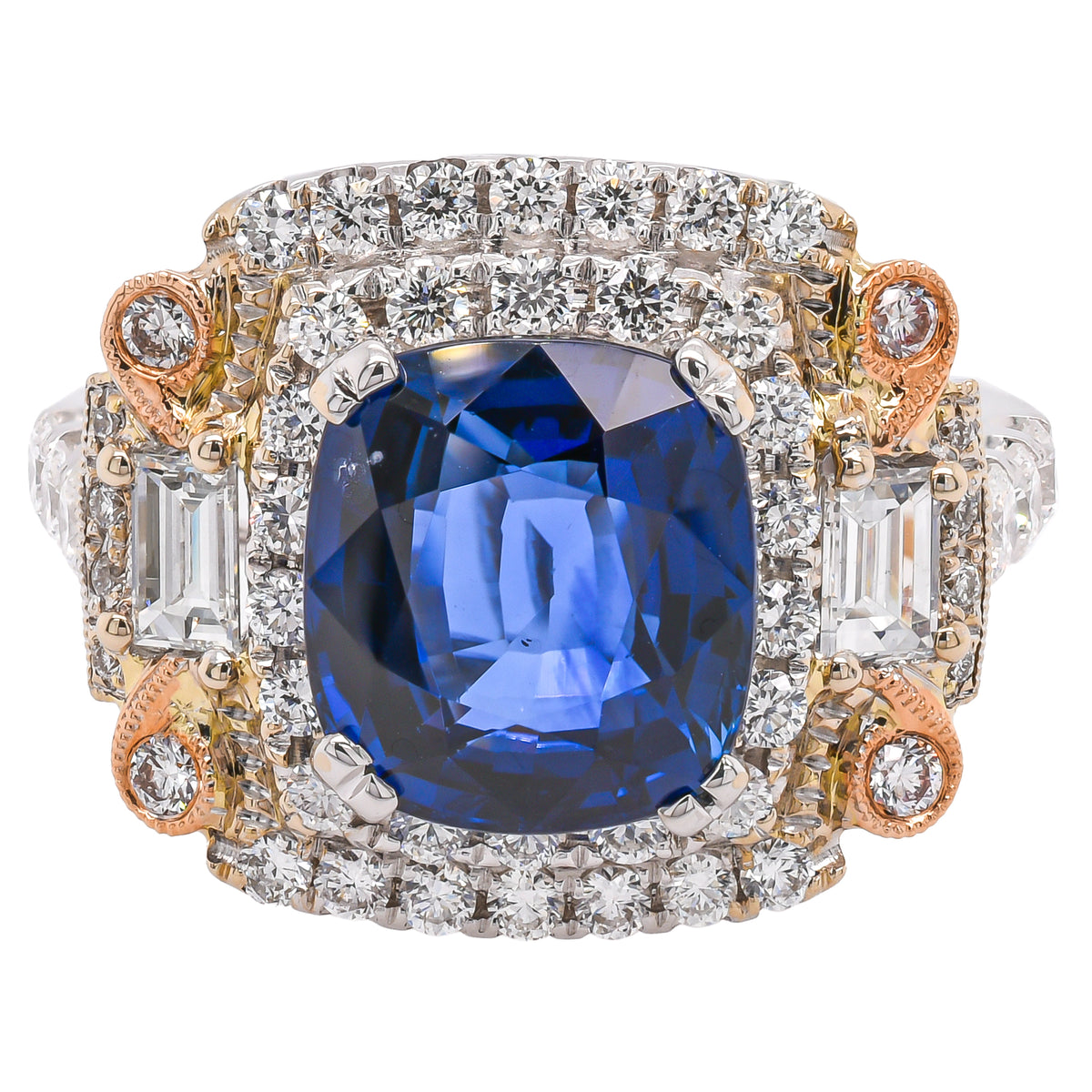 18K White and Yellow Gold Cushion Sri Lanka Sapphire Diamond Ring