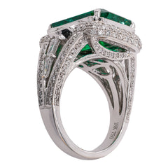 18K White Gold Cushion Emerald Antique Diamond Ring, view 2