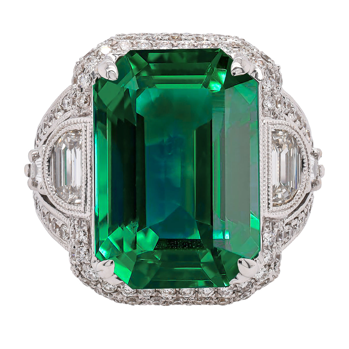18K White Gold Cushion Emerald Antique Diamond Ring