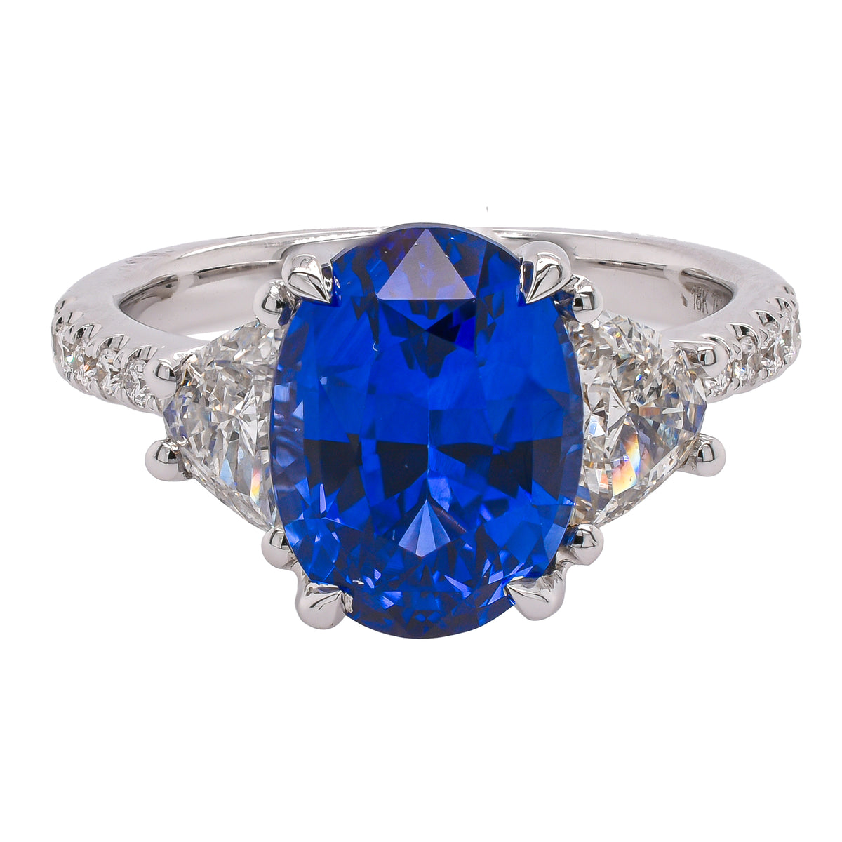 18K White Gold Oval Sapphire 3 Stone Diamond Ring with Accent Diamonds