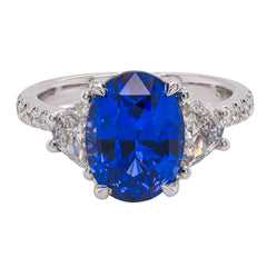 18K White Gold Oval Sapphire 3 Stone Diamond Ring with Accent Diamonds, view 1