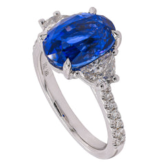 18K White Gold Oval Sapphire 3 Stone Diamond Ring with Accent Diamonds, view 2