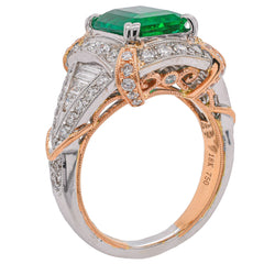 18K White and Rose Gold Double Claw Prong Emerald Diamond Halo Ring, view 2