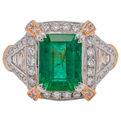 18K White and Rose Gold Double Claw Prong Emerald Diamond Halo Ring, view 1