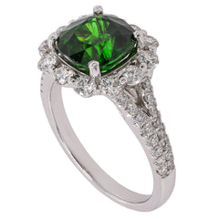 18K White Gold Green Tourmaline Diamond Halo Ring, view 2