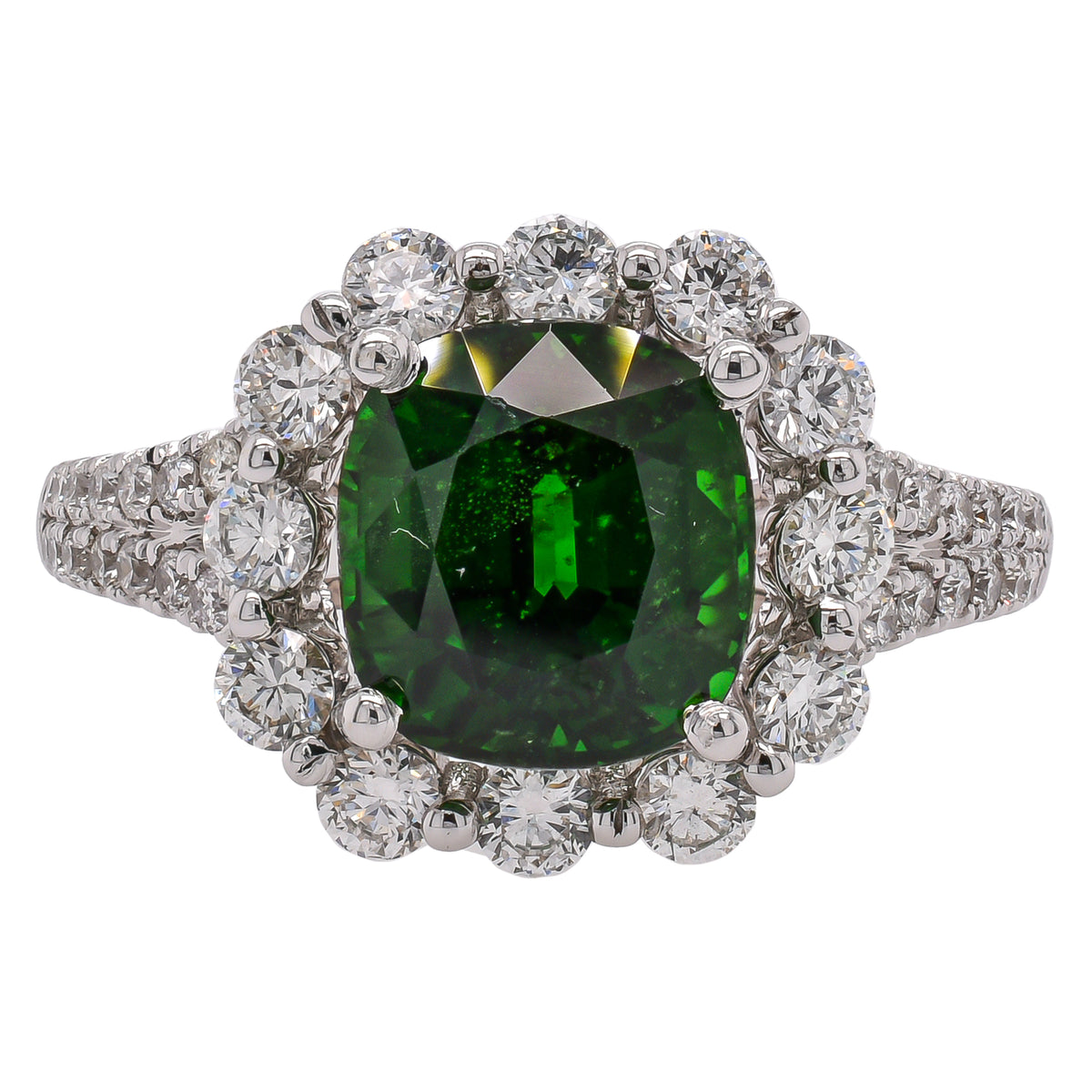 18K White Gold Green Tourmaline Diamond Halo Ring