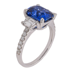 18K White Gold 3.28 CT Radiant Sapphire & 3.28 CTW Trapezoid Diamond Three-Stone Ring, view 2