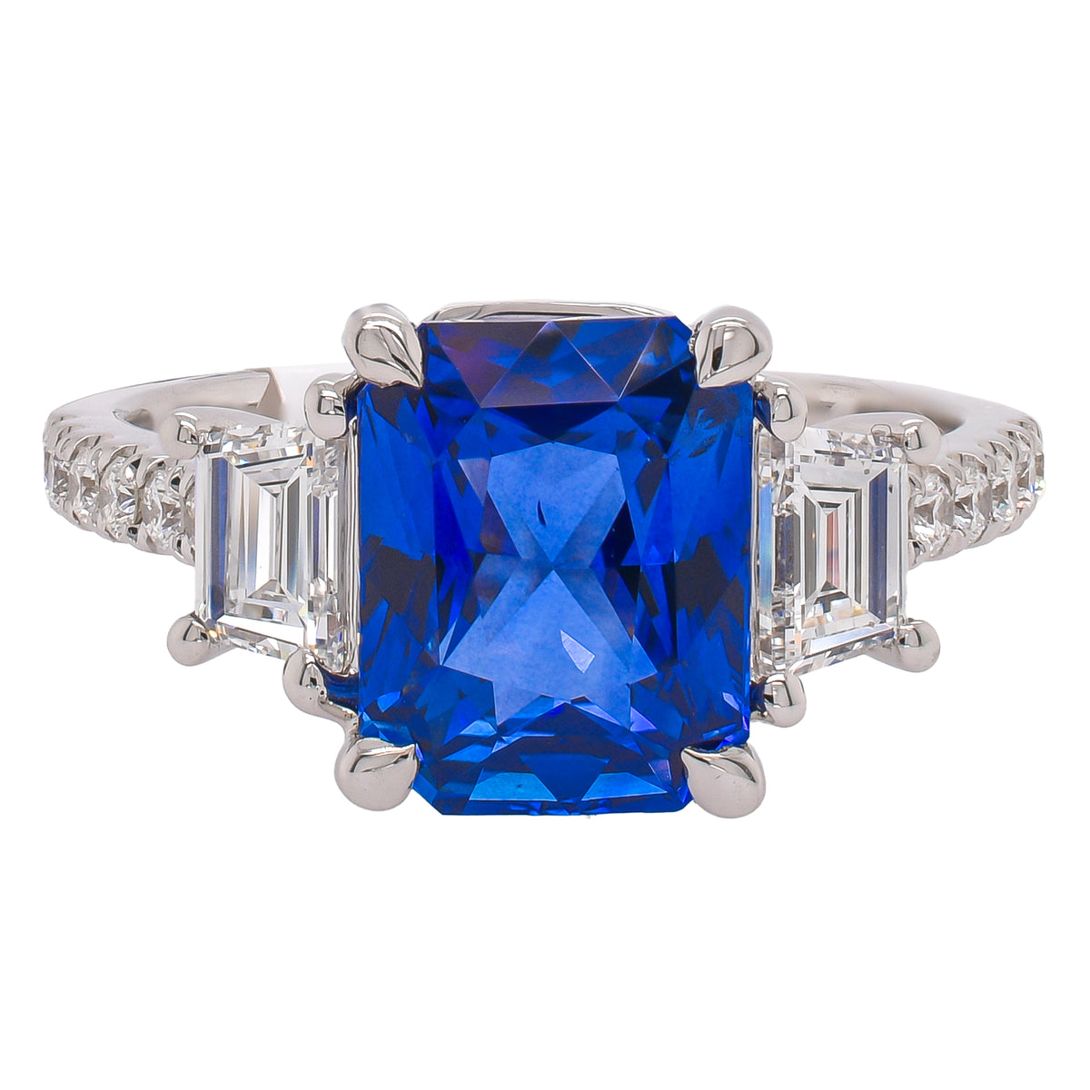 18K White Gold 3.28 CT Radiant Sapphire & 3.28 CTW Trapezoid Diamond Three-Stone Ring