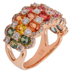 18K Rose Gold Triple Row Fancy Sapphire Diamond Ring, view 2