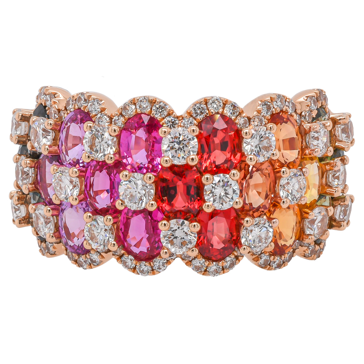18K Rose Gold Triple Row Fancy Sapphire Diamond Ring