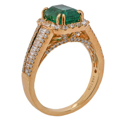 18K Yellow Gold Emerald Diamond Baguette Halo Ring, view 2