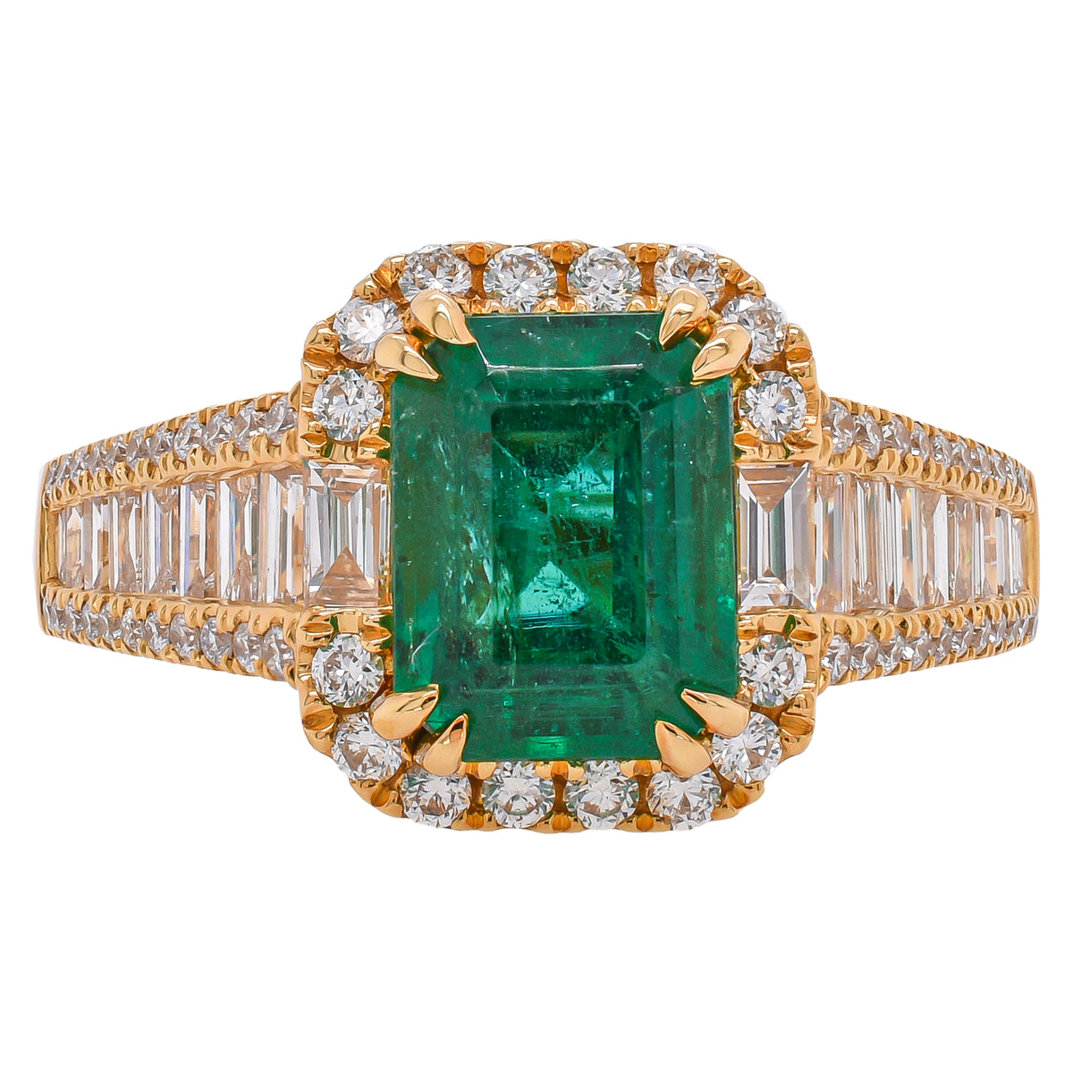 18K Yellow Gold Emerald Diamond Baguette Halo Ring