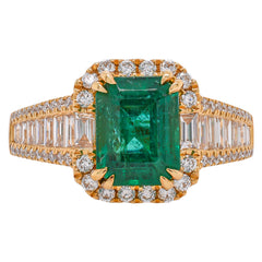 18K Yellow Gold Emerald Diamond Baguette Halo Ring, view 1