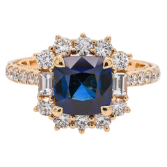 18K Yellow Gold Sapphire Cushion Diamond Cluster Halo Ring, view 1