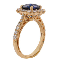 18K Yellow Gold Sapphire Cushion Diamond Cluster Halo Ring, view 2