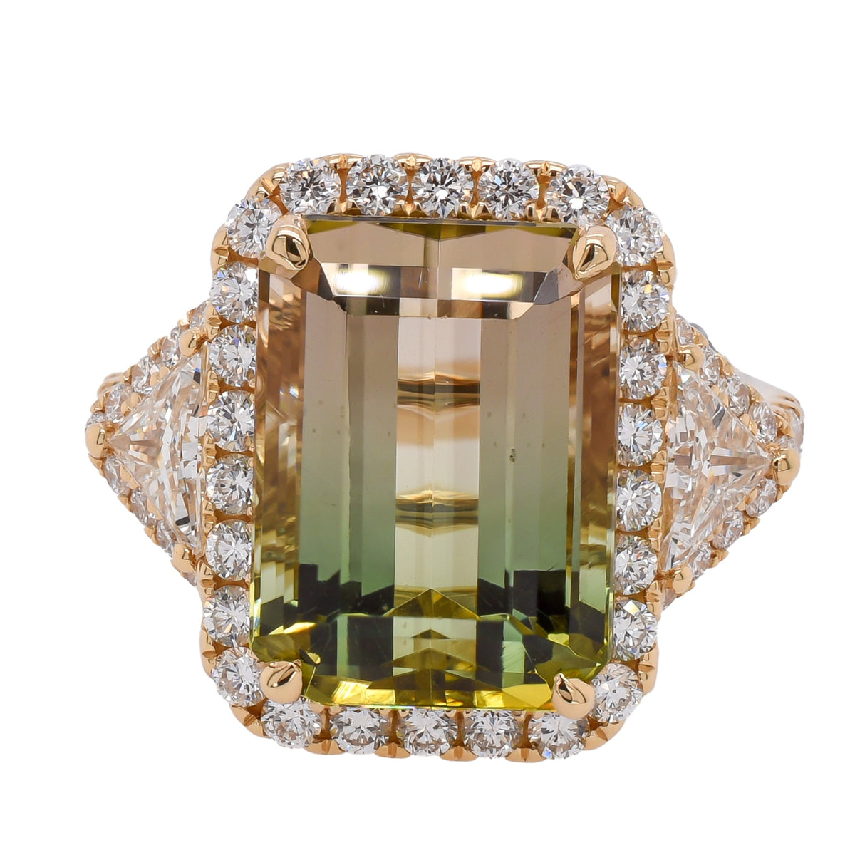 18K Yellow Gold Emerald Cut Bi-Color Torumaline Diamond Halo Ring