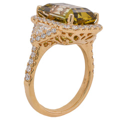 18K Yellow Gold Emerald Cut Bi-Color Torumaline Diamond Halo Ring, view 2