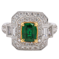 18K Yellow & White Gold 0.99 CT Emerald & 1.11 CTW Diamond Double Halo Ring | G SI, view 1