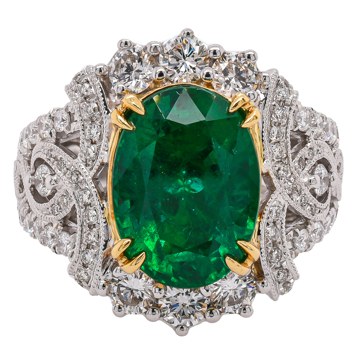 18K White & Yellow Gold Oval Emerald & Diamond Ring | 3.61 CT Emerald & 1.28 CTW Diamonds