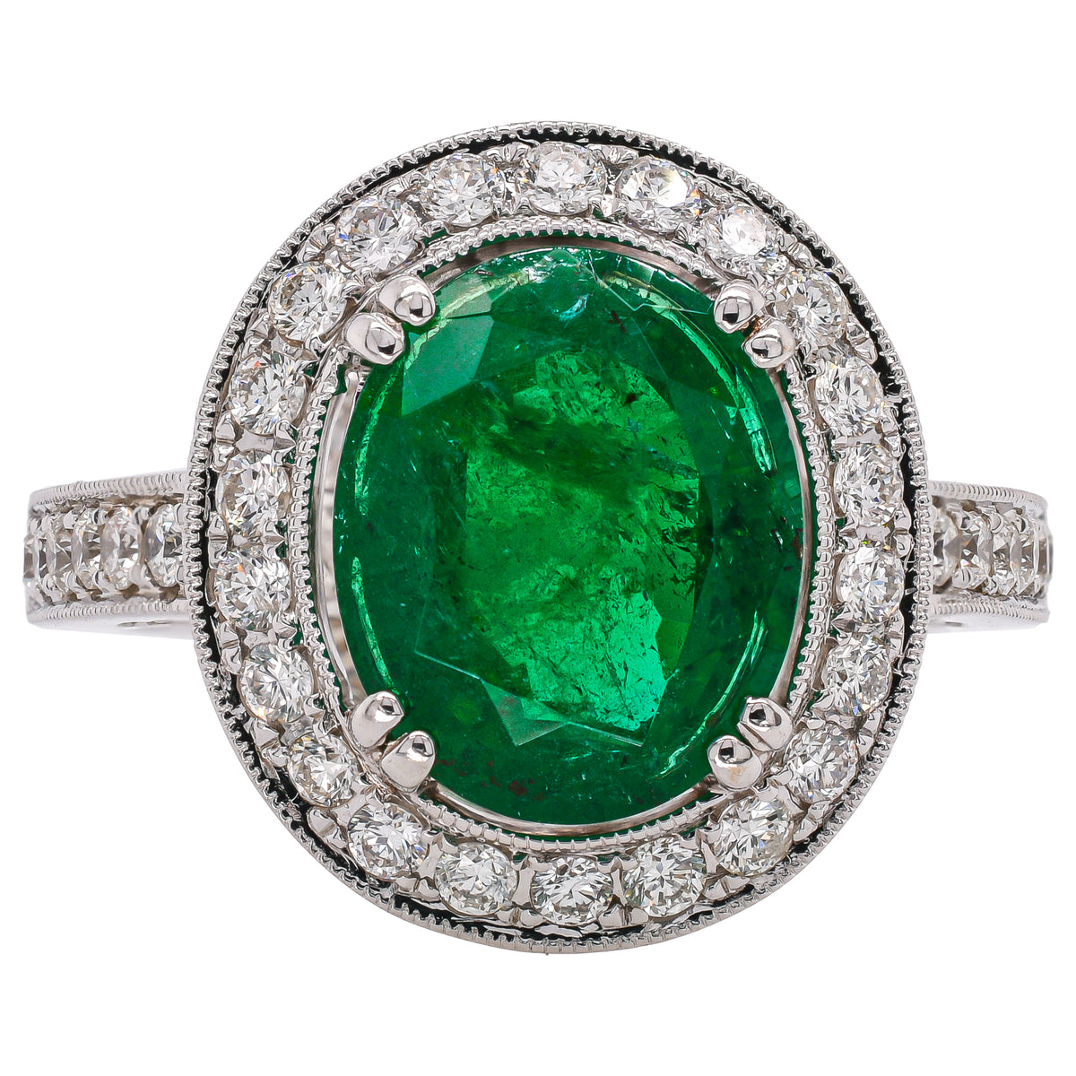 18K White Gold Oval Emerald & Diamond Halo Ring | 2.83 CT Emerald & 0.53 CTW Diamonds