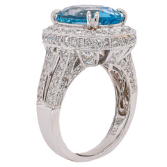 18K White Gold Oval Aquamarine Diamond Halo Ring, view 2