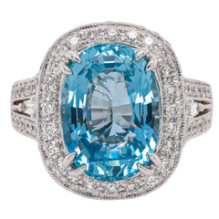 18K White Gold Oval Aquamarine Diamond Halo Ring, view 1