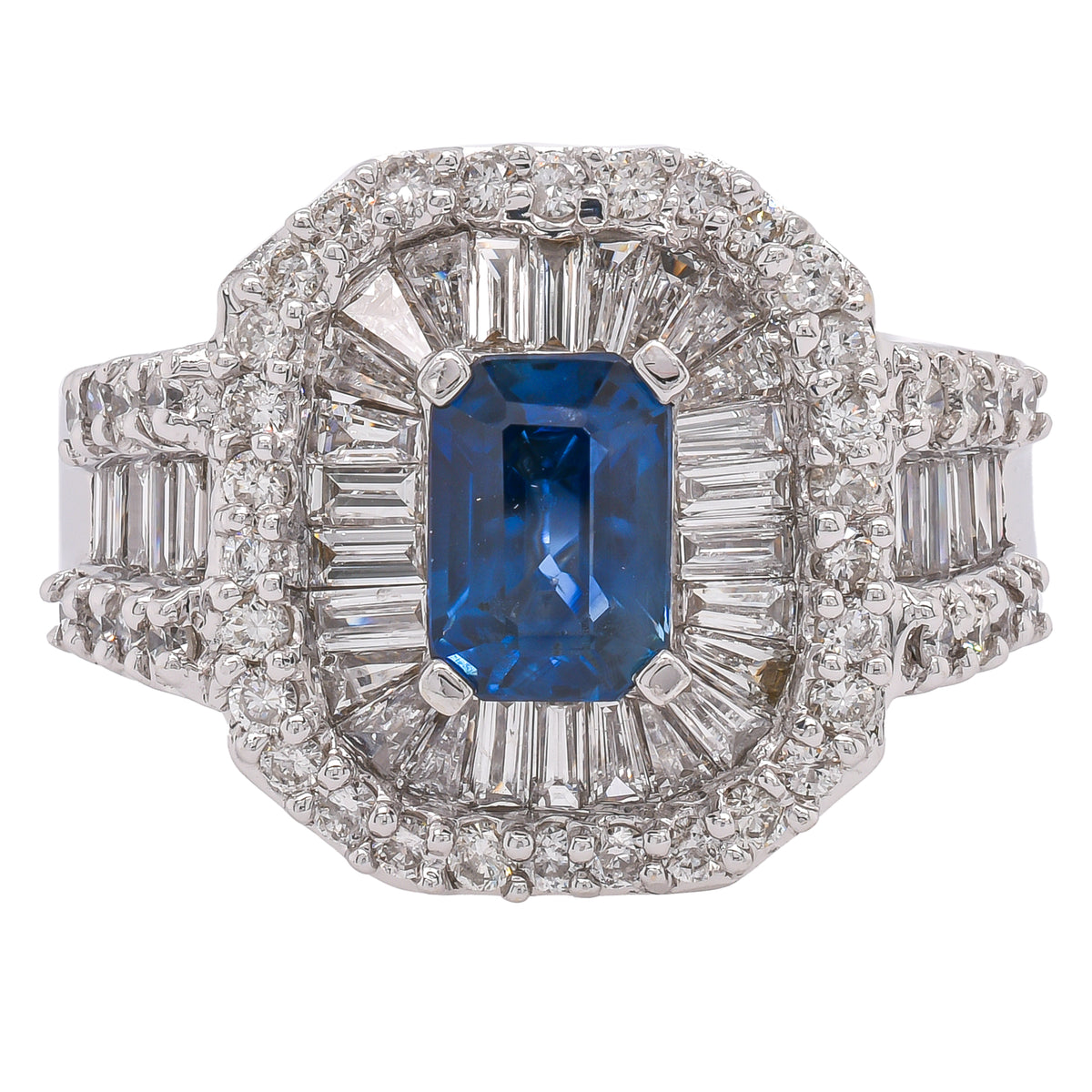 18K White Gold Sapphire & Diamond Halo Ring | 2.40 CTW Diamonds & 0.90 CT Sapphire