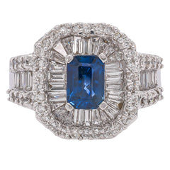 18K White Gold Sapphire & Diamond Halo Ring | 2.40 CTW Diamonds & 0.90 CT Sapphire, view 1