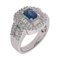 18K White Gold Sapphire & Diamond Halo Ring | 2.40 CTW Diamonds & 0.90 CT Sapphire, view 2