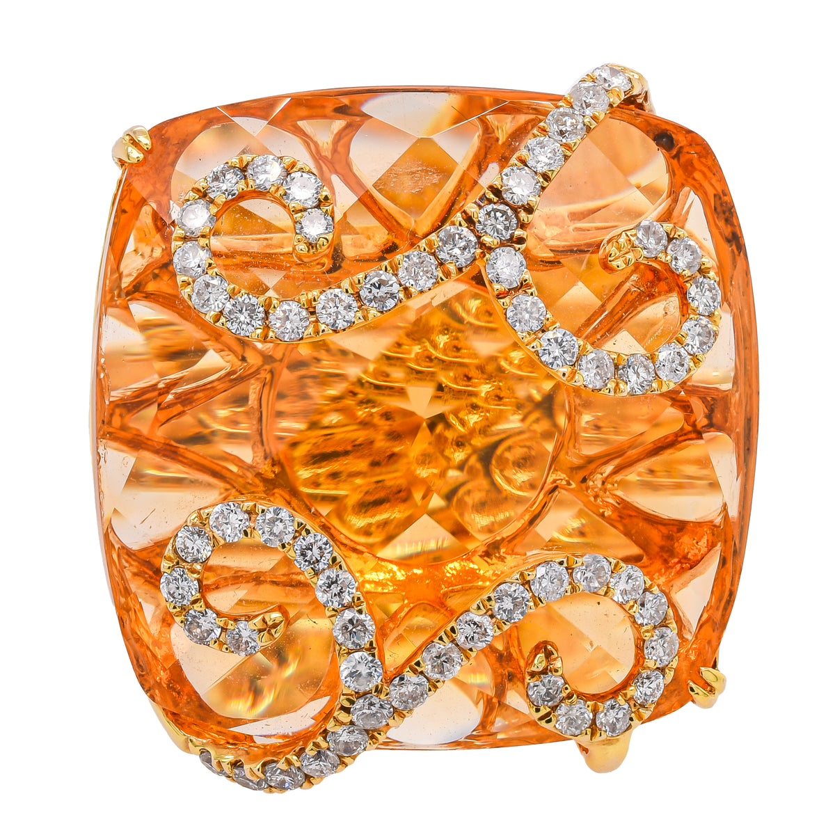 18K Yellow Gold Cushion Citrine Ring with Diamond Swirls