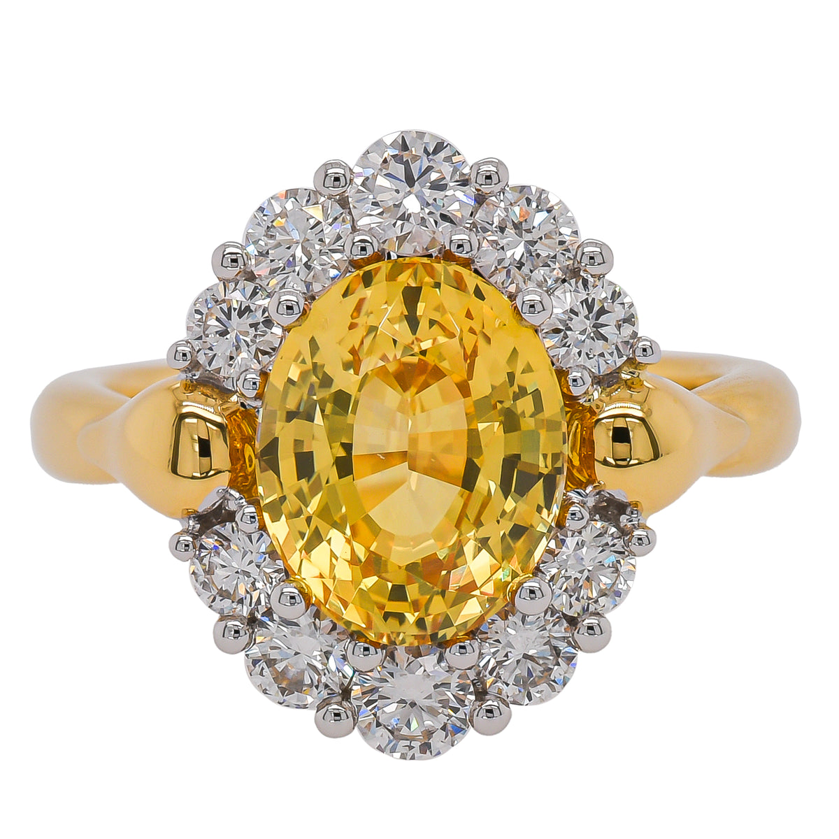 18K Yellow and White Gold Yellow Sapphire Oval Diamond Halo Ring