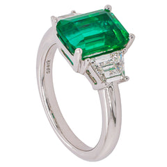 Platinum Emerald Diamond Three Stone Ring, view 2