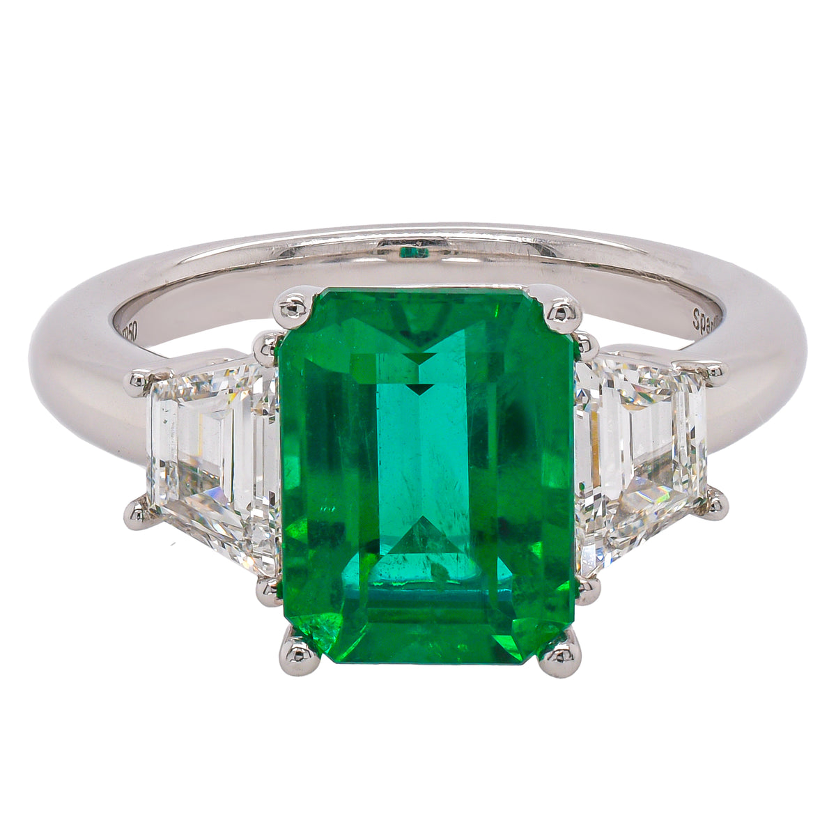 Platinum Emerald Diamond Three Stone Ring