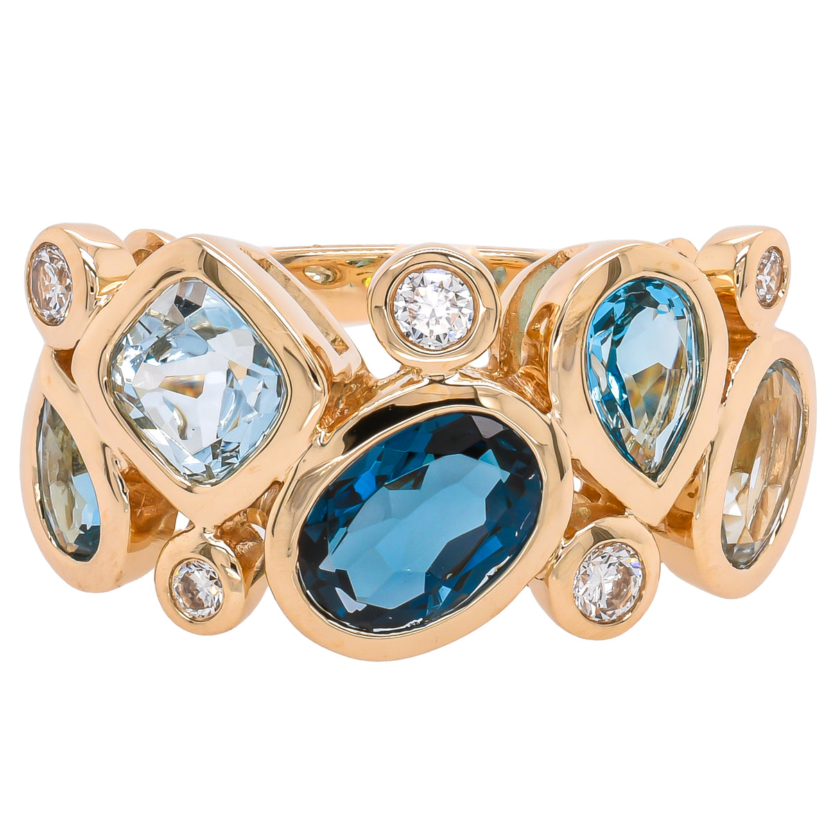 14K Yellow Gold Blue Topaz and Diamond Bezel Ring