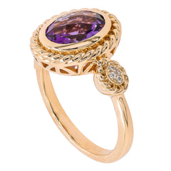14K Yellow Gold Amethyst Oval Bezel Diamond Ring, view 2