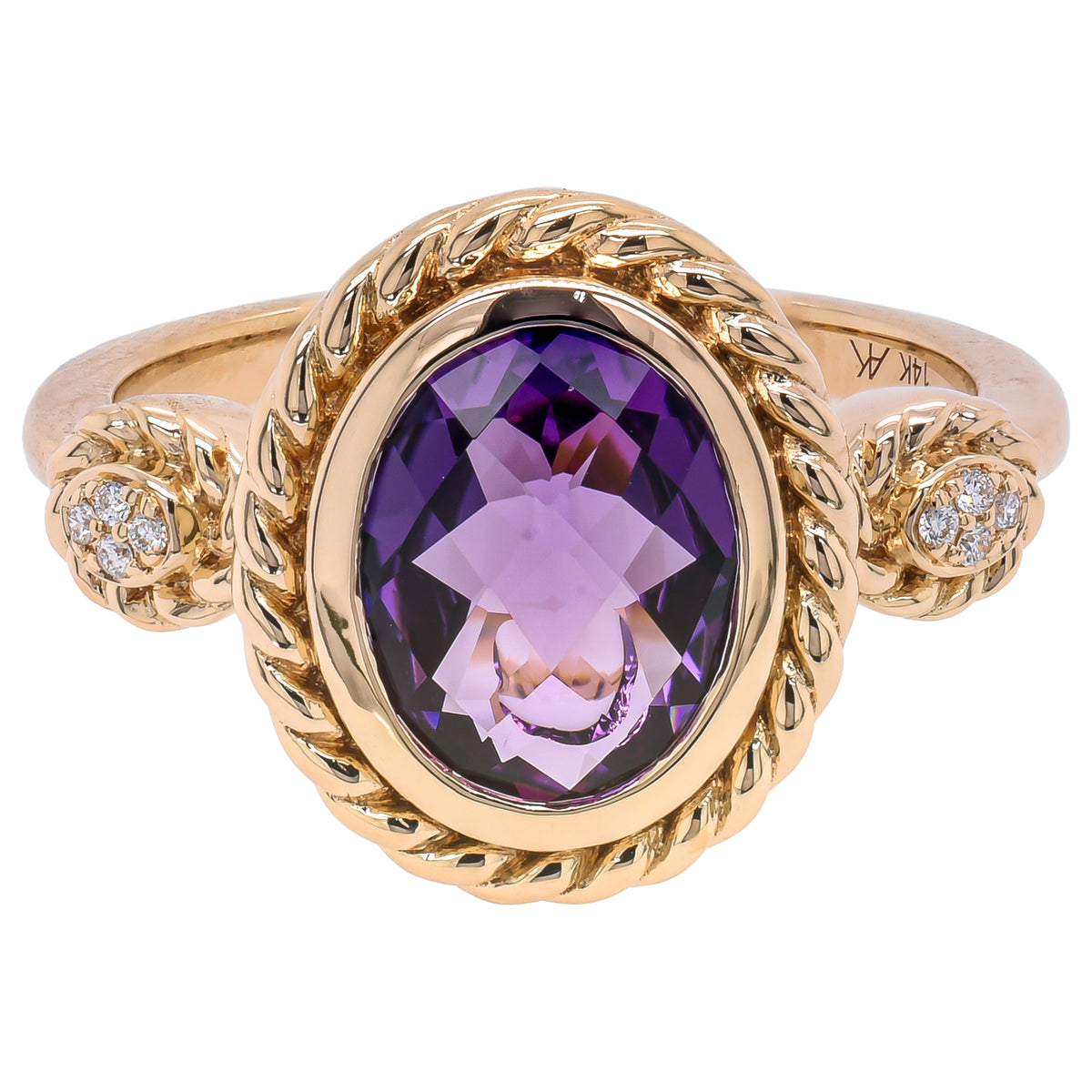 14K Yellow Gold Amethyst Oval Bezel Diamond Ring