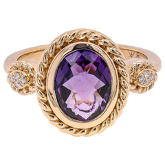 14K Yellow Gold Amethyst Oval Bezel Diamond Ring, view 1