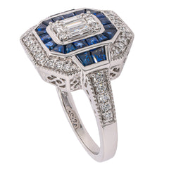 14K White Gold Sapphire Diamond Art Deco Ring, view 2