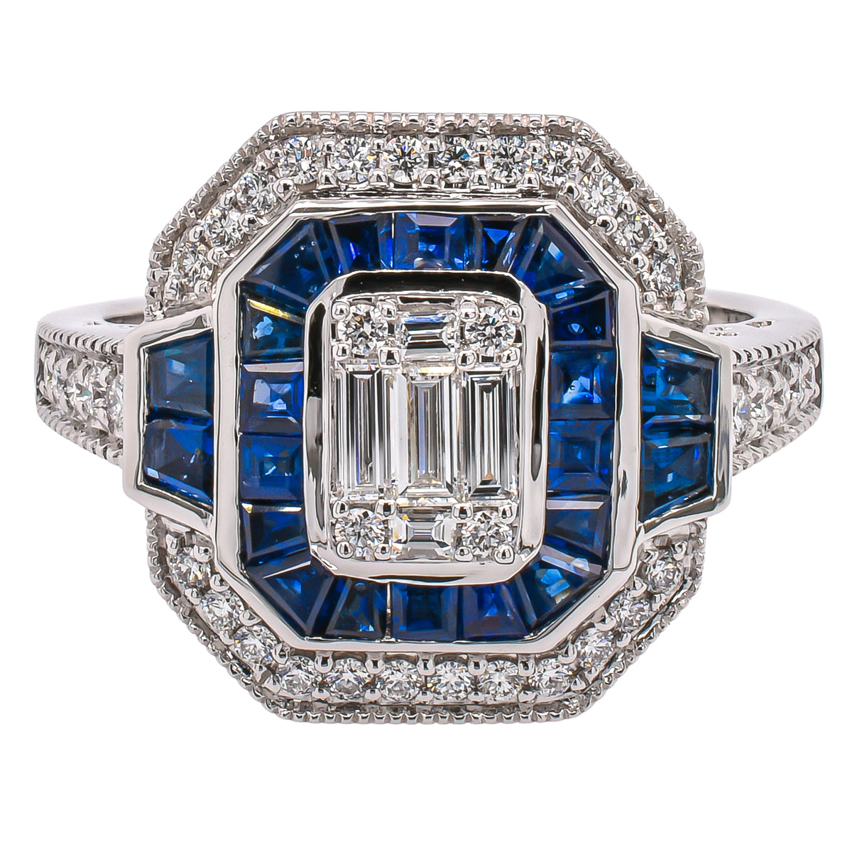 14K White Gold Sapphire Diamond Art Deco Ring