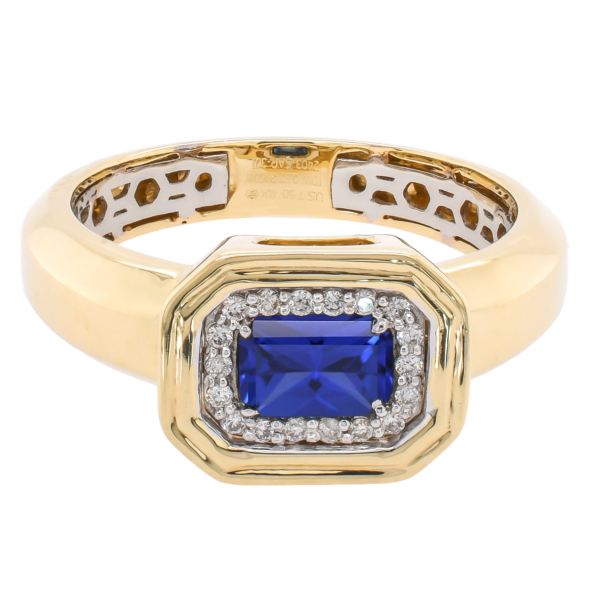 Platinum and 14K Yellow Gold Sapphire Emerald Cut East West Diamond Ring