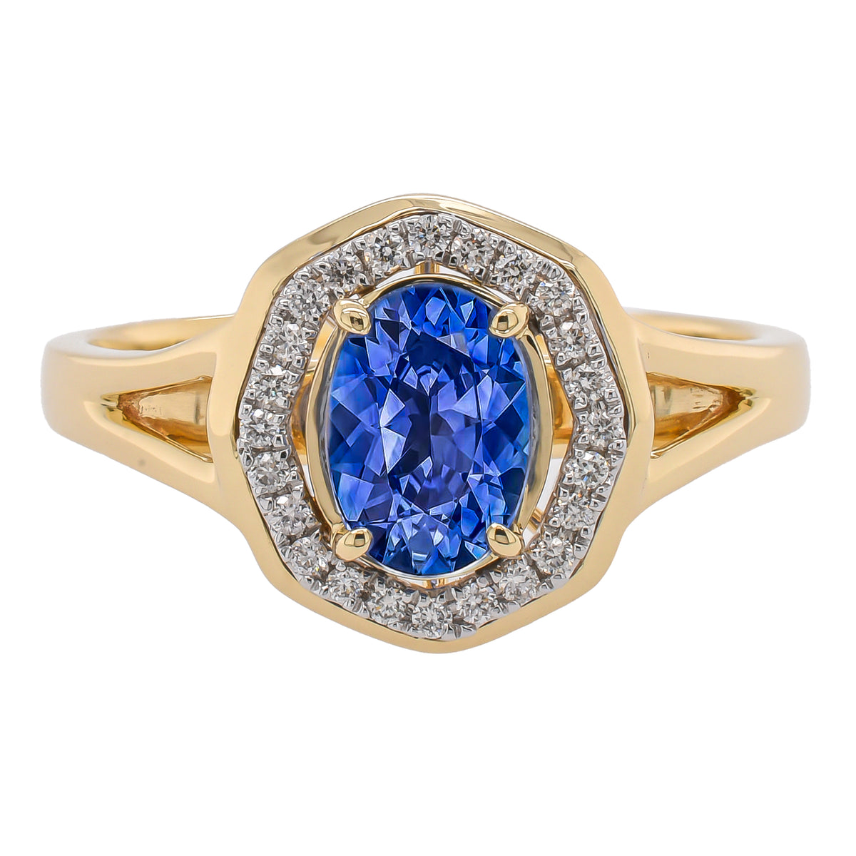 18K Yellow Gold and Platinum Sapphire Oval Diamond Octagon Ring