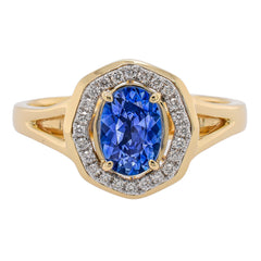 18K Yellow Gold and Platinum Sapphire Oval Diamond Octagon Ring, view 1